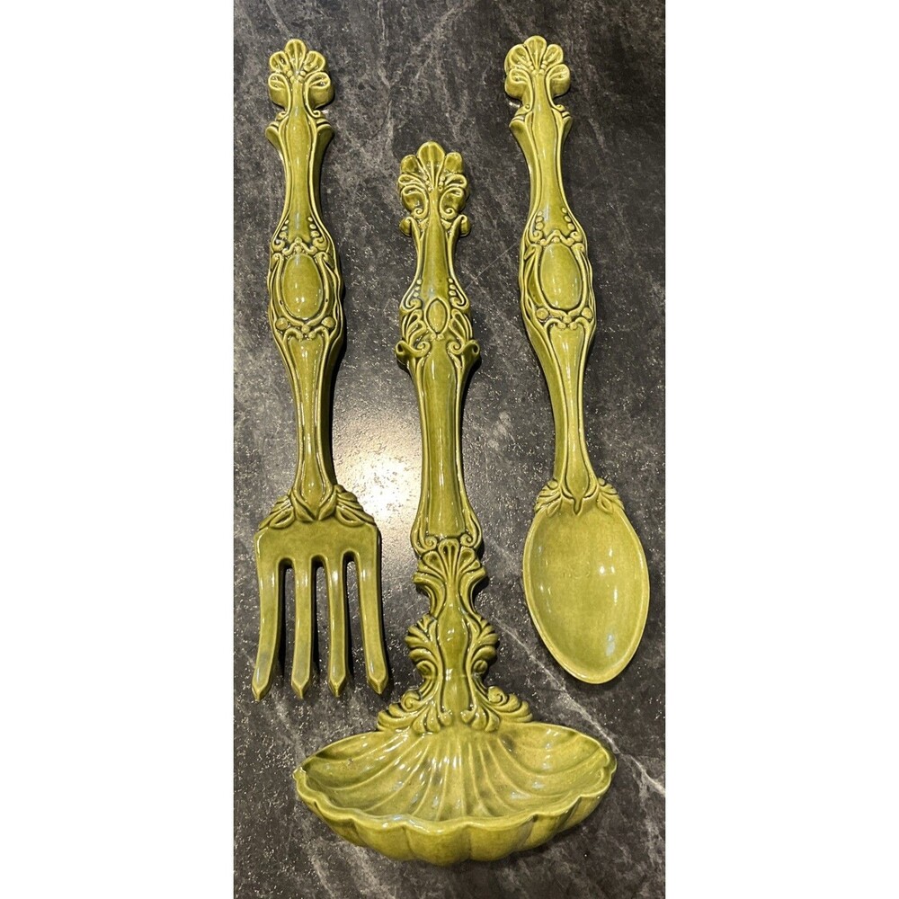 SET 3 VNTG Avocado 70s ceramic Fork/Spoon/Ladle 16 in Wall Hanging Kitchen Decor